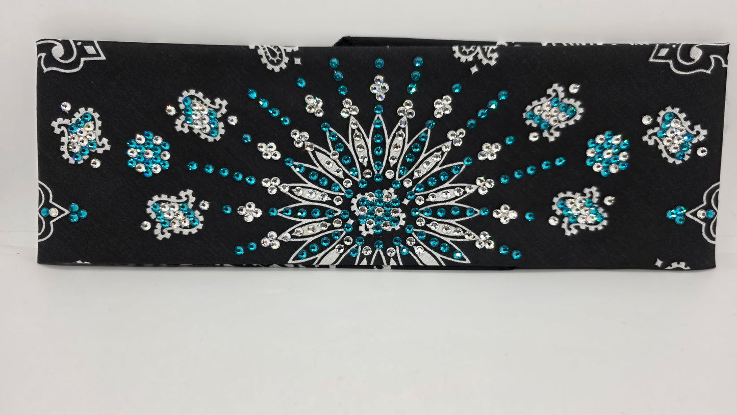 LeeAnnette Black Paisley Bandana with Bright Blue and Diamond Clear Austrian Crystals (L40206)
