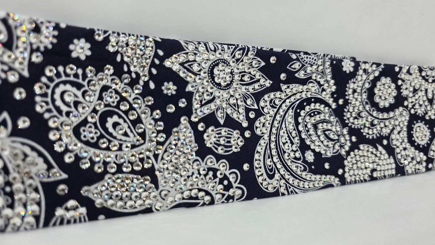 Super LeeAnnette White on Blue Paisley Bandana with Diamond Clear Austrian Crystals (S48150)