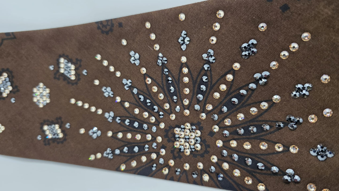 LeeAnnette Large Brown Paisley Bandana with Honey and Black Austrian Crystals (sku40116)