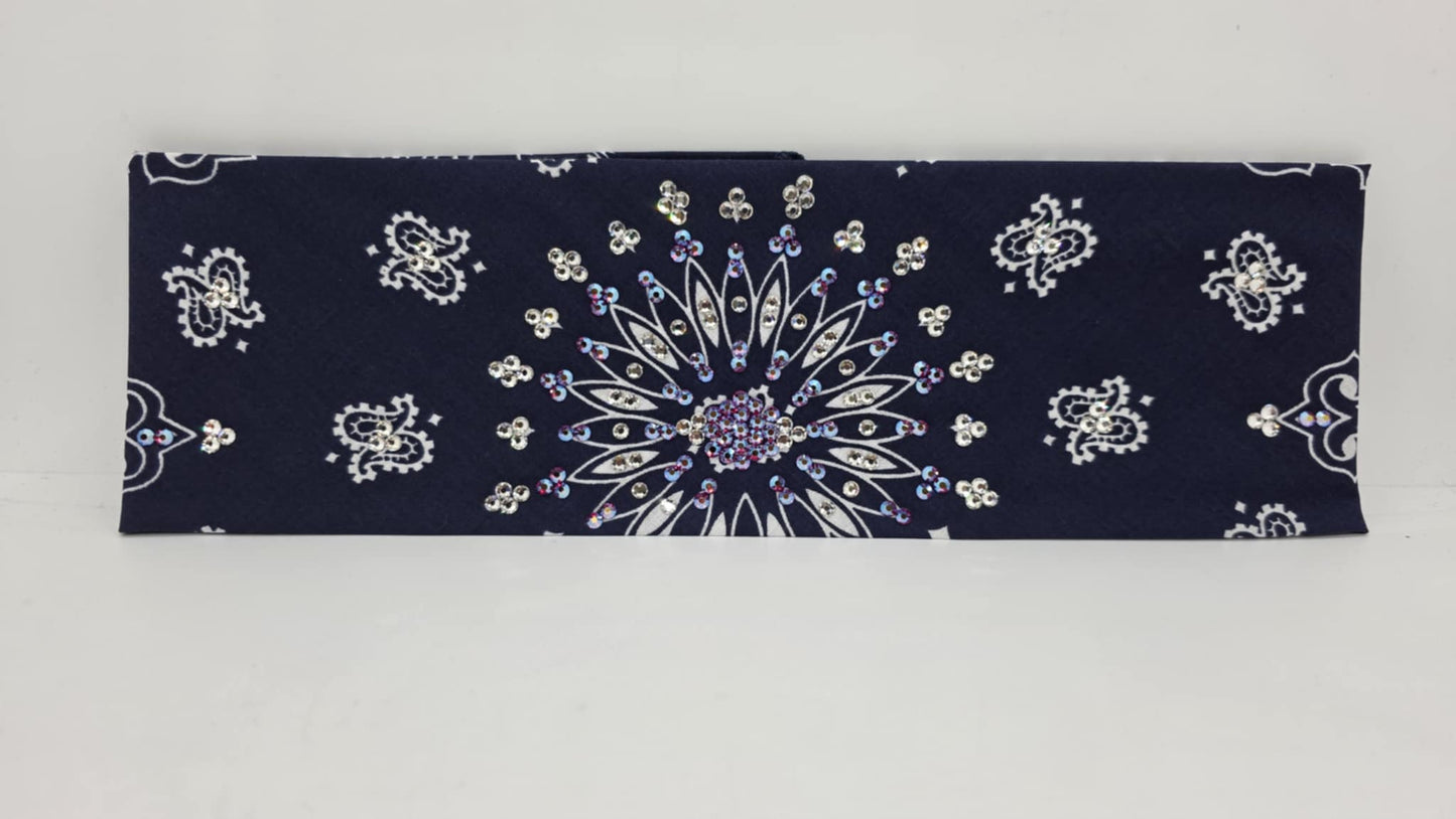 EXTRA BLING - Navy Paisley Bandana with Red Shimmer and Diamond Clear Austrian Crystals (sku6393)