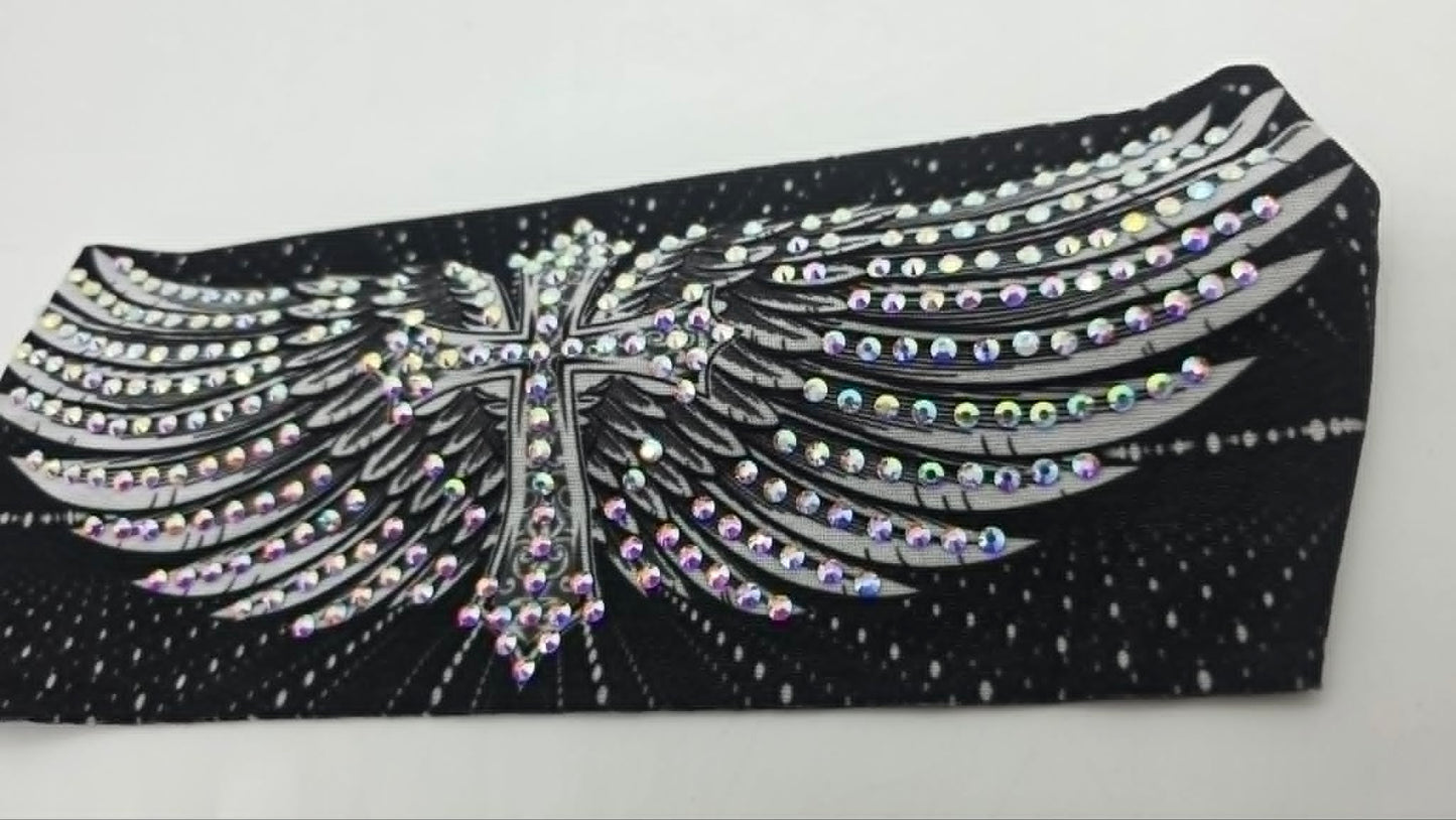 Stretchy Headband Cross and Wings on Black with Aurora Borealis Crystals (Sku5472)