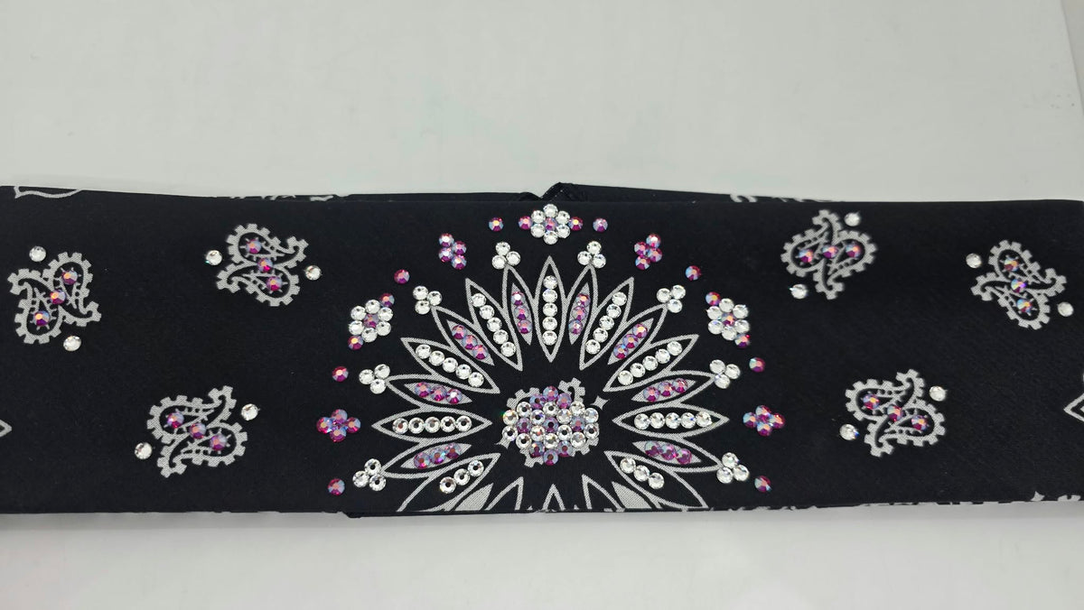 Black Paisley Bandana with Fuchsia Shimmer and Clear Austrian Crystals (E60172)