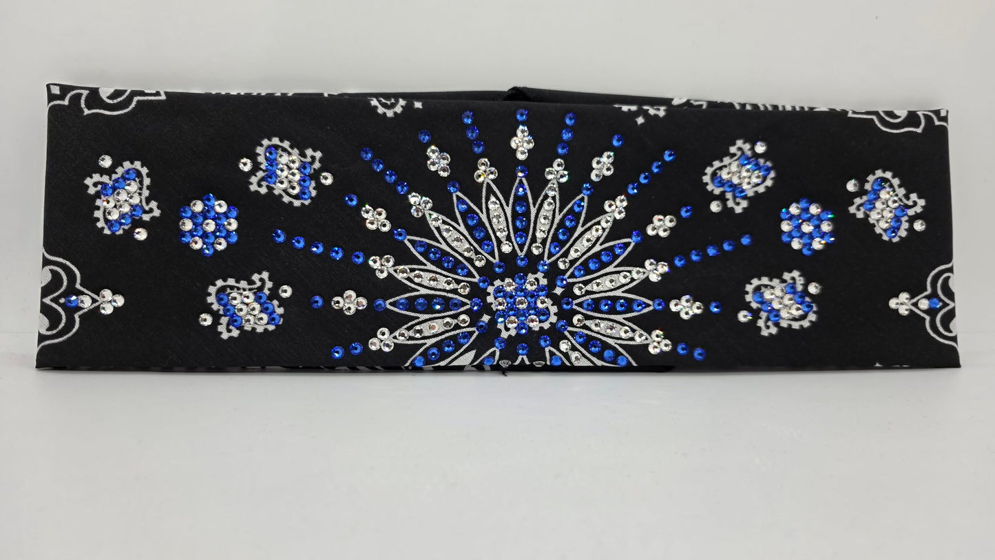 LeeAnnette Black Paisley Bandana with Sapphire and Diamond Clear Austrian Crystals (L40242)