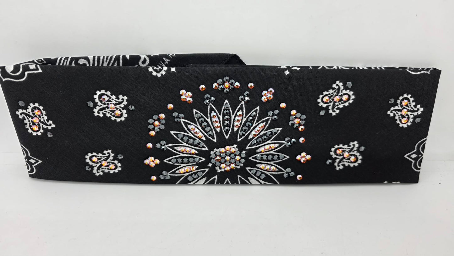 Black Paisley Bandana with Orange Shimmer and Black Austrian Crystals (E60104)