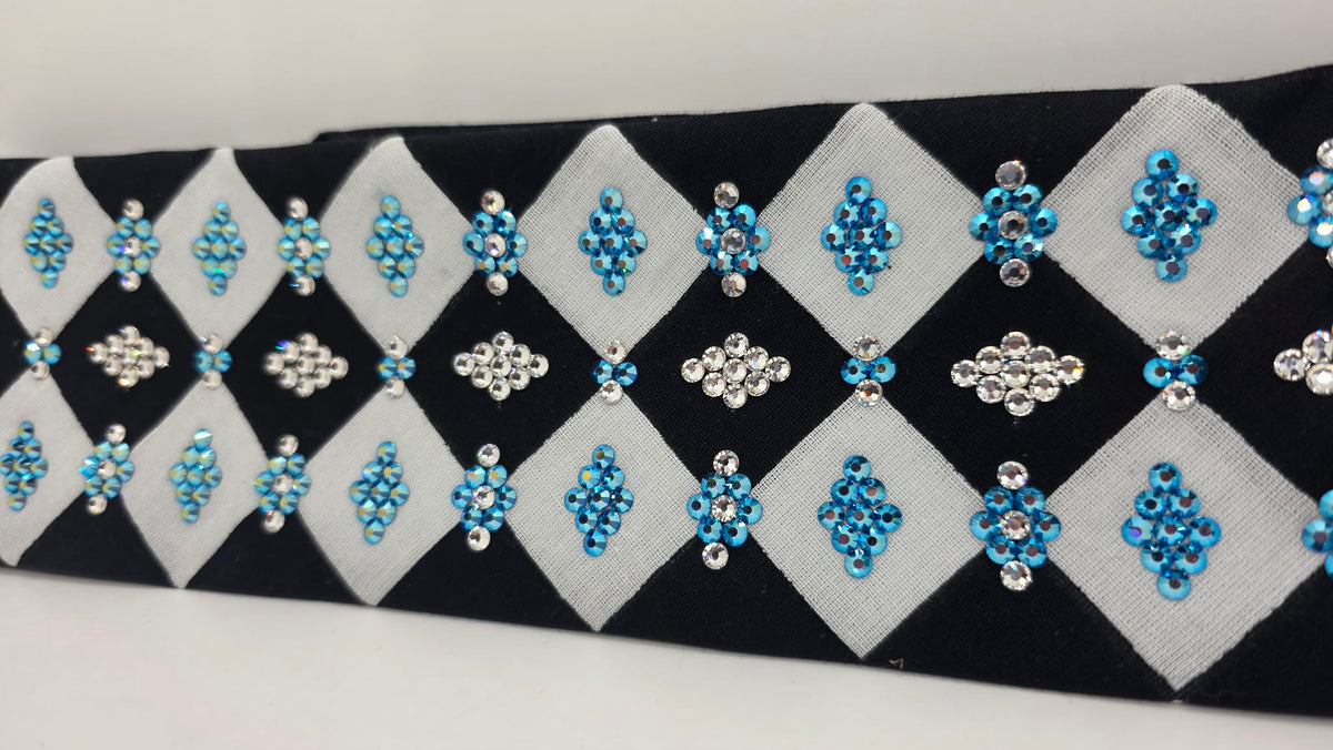 LeeAnnette Black and White Checker Bandana with Capri Blue Shimmer and Diamond Clear Austrian Crystals (L40278)