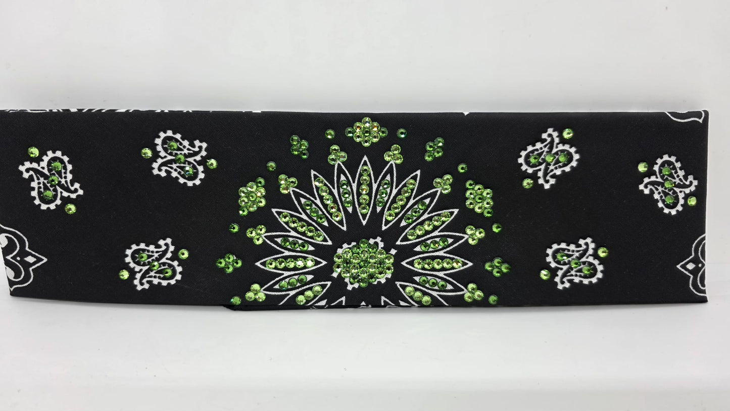 Black Paisley Bandana with Light and Dark Green Austrian Crystals (E60103)