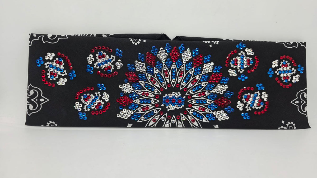 Super LeeAnnette Black Paisley Bandana with Blue, Red and Diamond Clear Austrian Crystals (S48179)