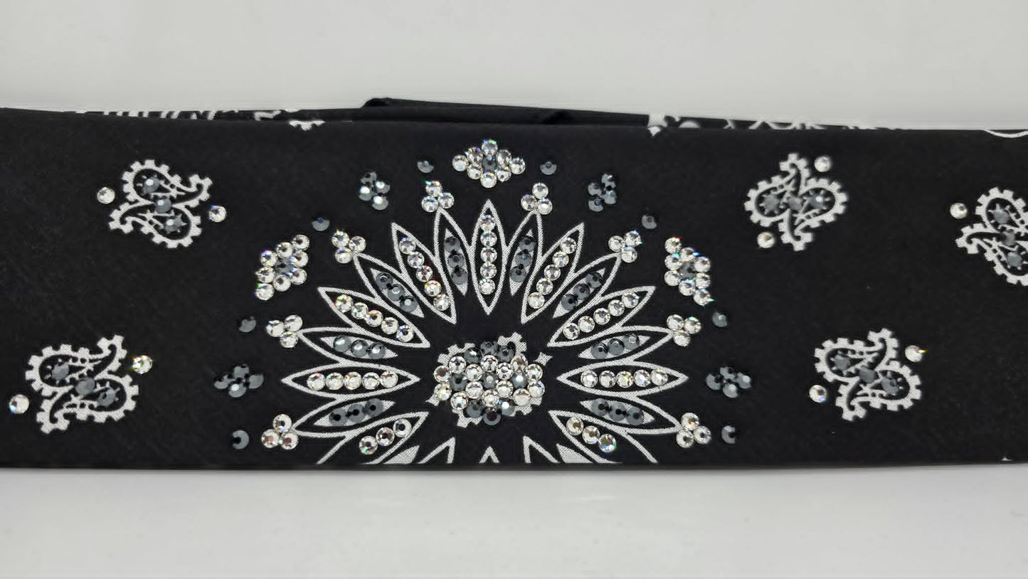 Black Paisley Bandana with Black and Diamond Clear Austrian Crystals (E60139)