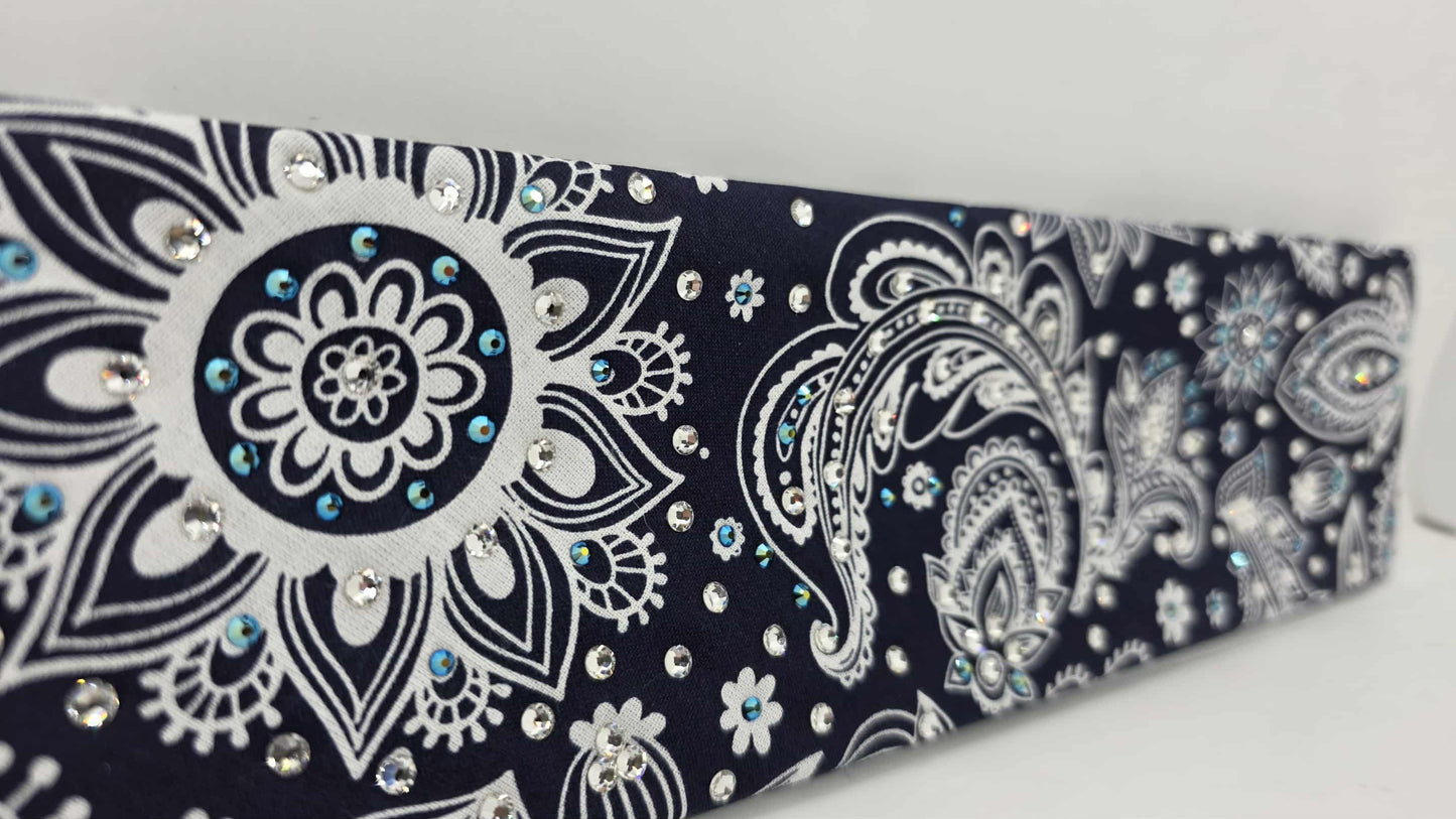 EXTRA BLING -Fancy Blue Paisley Bandana with Black Shimmer and Diamond Clear Austrian Crystals (sku6412)