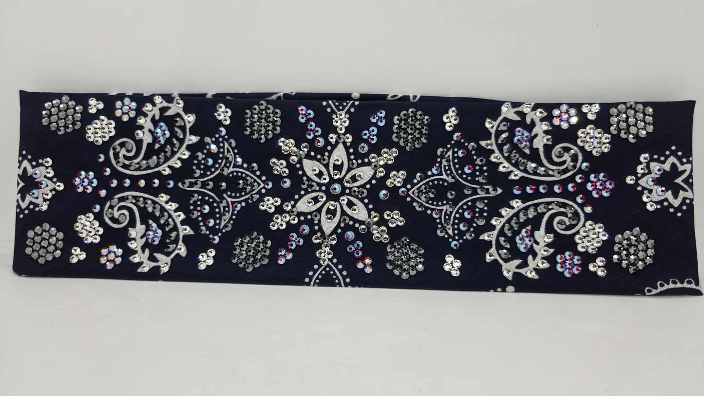 Super LeeAnnette Large Navy Blue Flower Bandana with Red Shimmer, Black and Diamond Clear Austrian Crystals (sku40125)