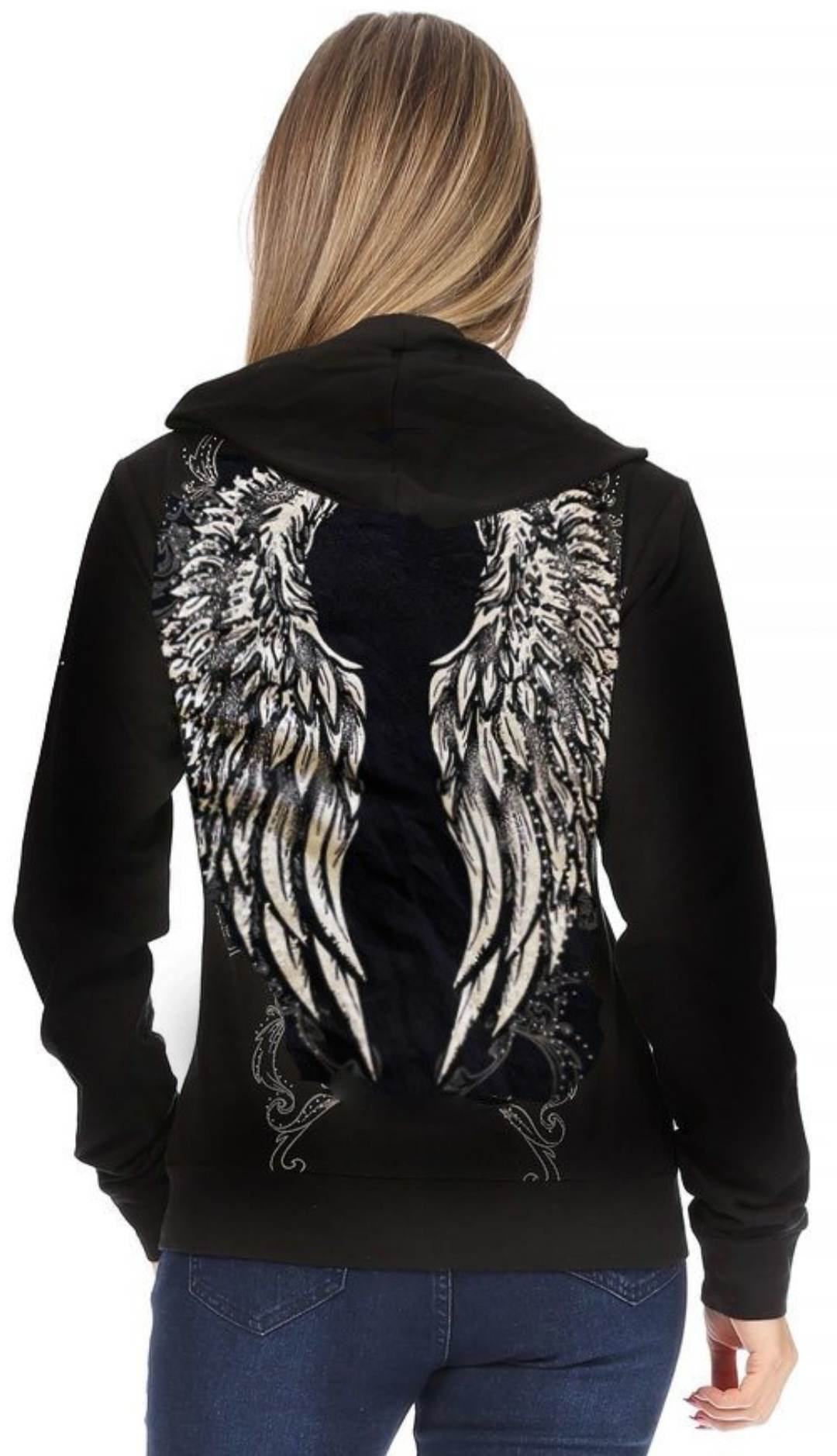 Black Hoodie Angel Wings with Stones in Regular and Plus sizes