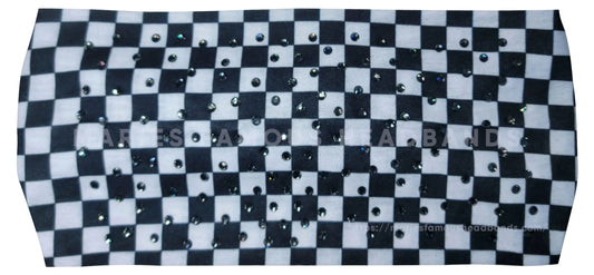 Stretchy Headband Black and White Checker with Black Diamond Crystals (Sku5489)