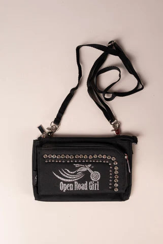 STUDDED WITH GLITTER OPEN ROAD GIRL LOGO DURABLE CANVAS HIP PURSE