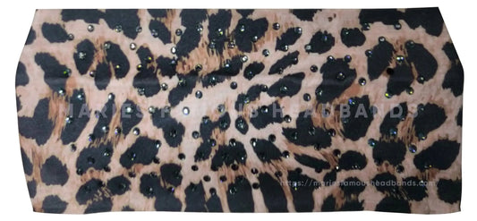 Stretchy Headband Cheetah with Black Diamond Crystals (Sku5488)