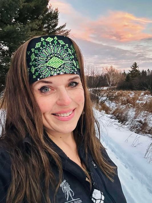 Super LeeAnnette Black Paisley Bandana with Light and Dark Green Austrian Crystals (S48102)