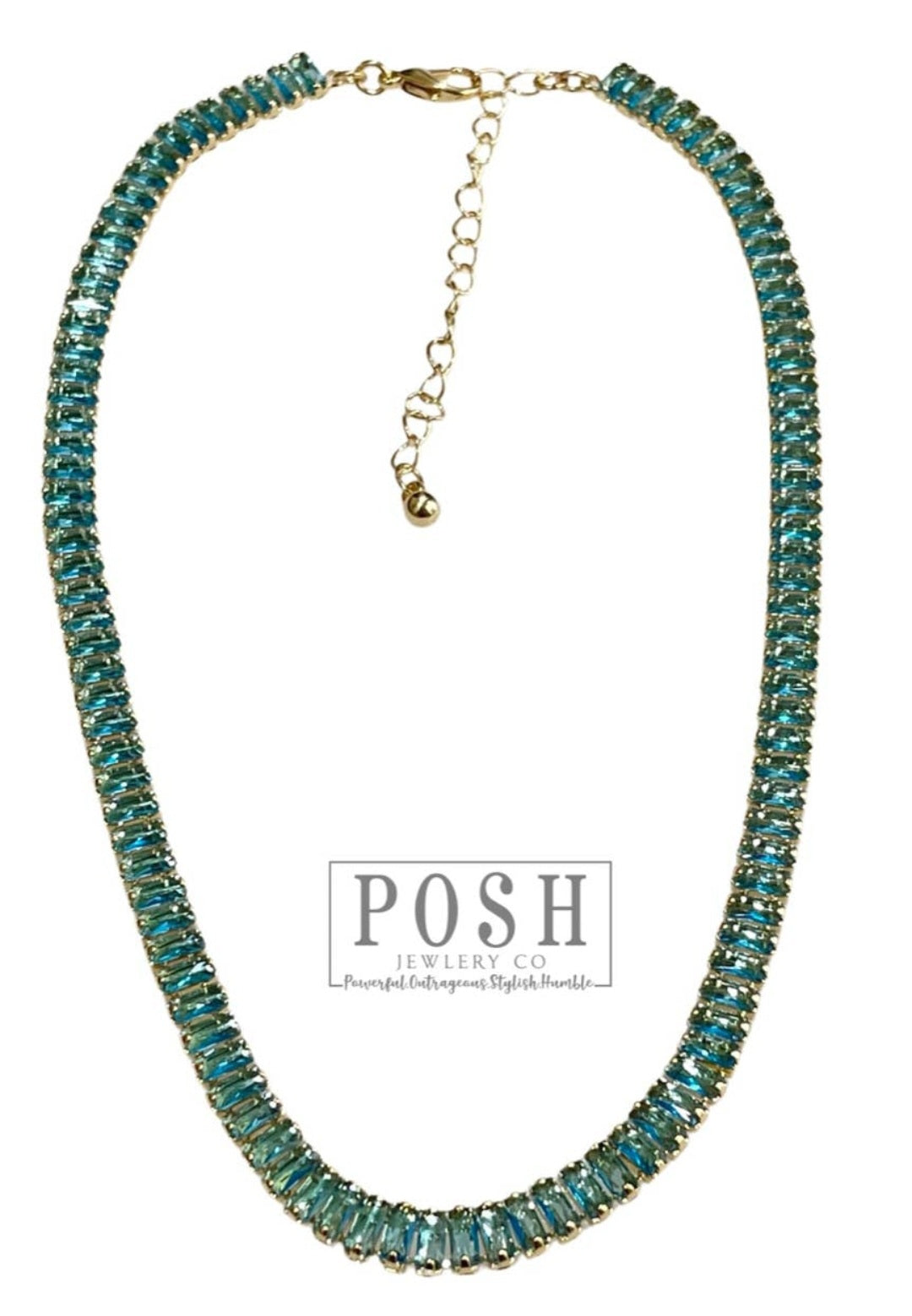 Baguette rhinestone tennis necklace light turquoise crystals (Sku8705)