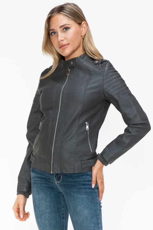 Sliming Grey Faux Leather Zip Up Mock Neck Jacket