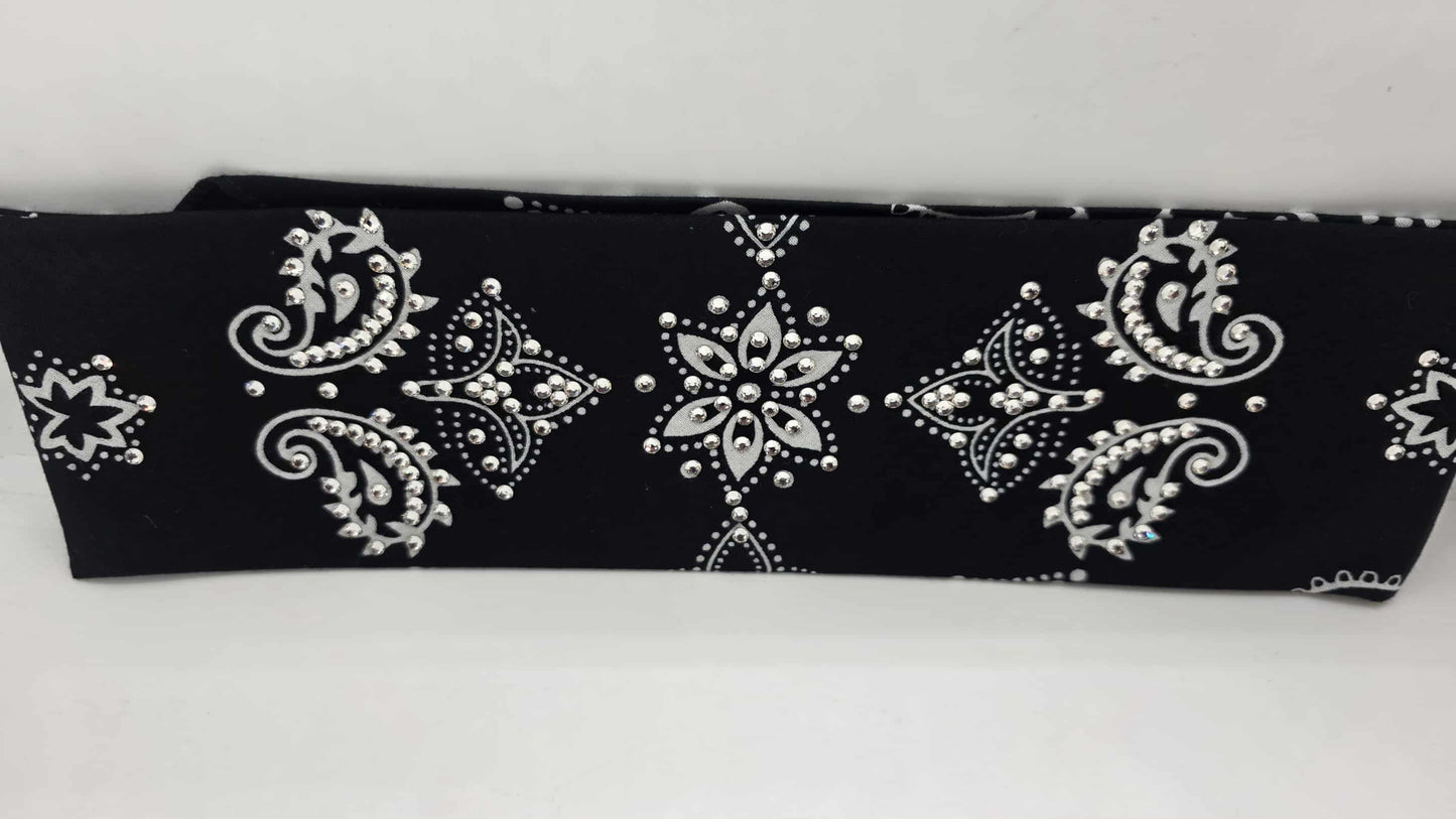 EXTRA BLING - Large Black Flower Bandana with Diamond Clear Austrian Crystals (sku6414)