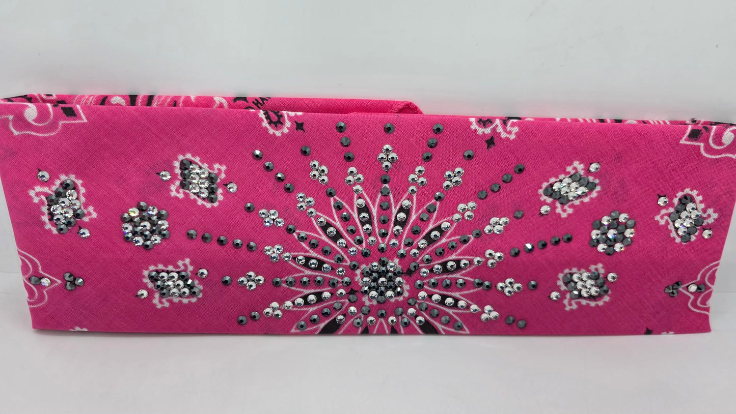 LeeAnnette Pink Paisley Bandana with Black and Diamond Clear Austrian Crystals (L40233)
