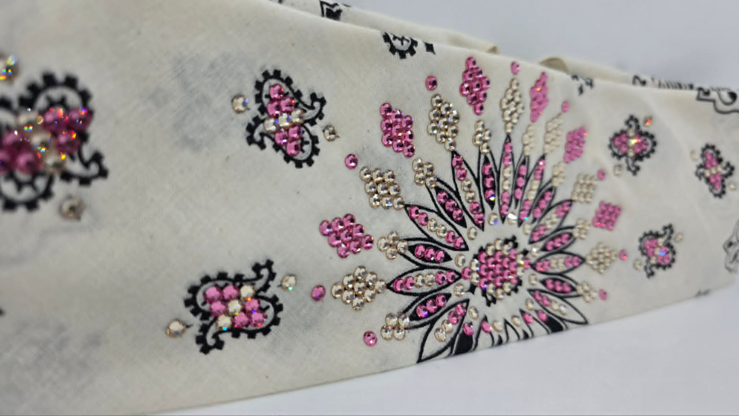 LeeAnnette Off White Paisley Bandana with Rose and Honey Austrian Crystals (L40254)