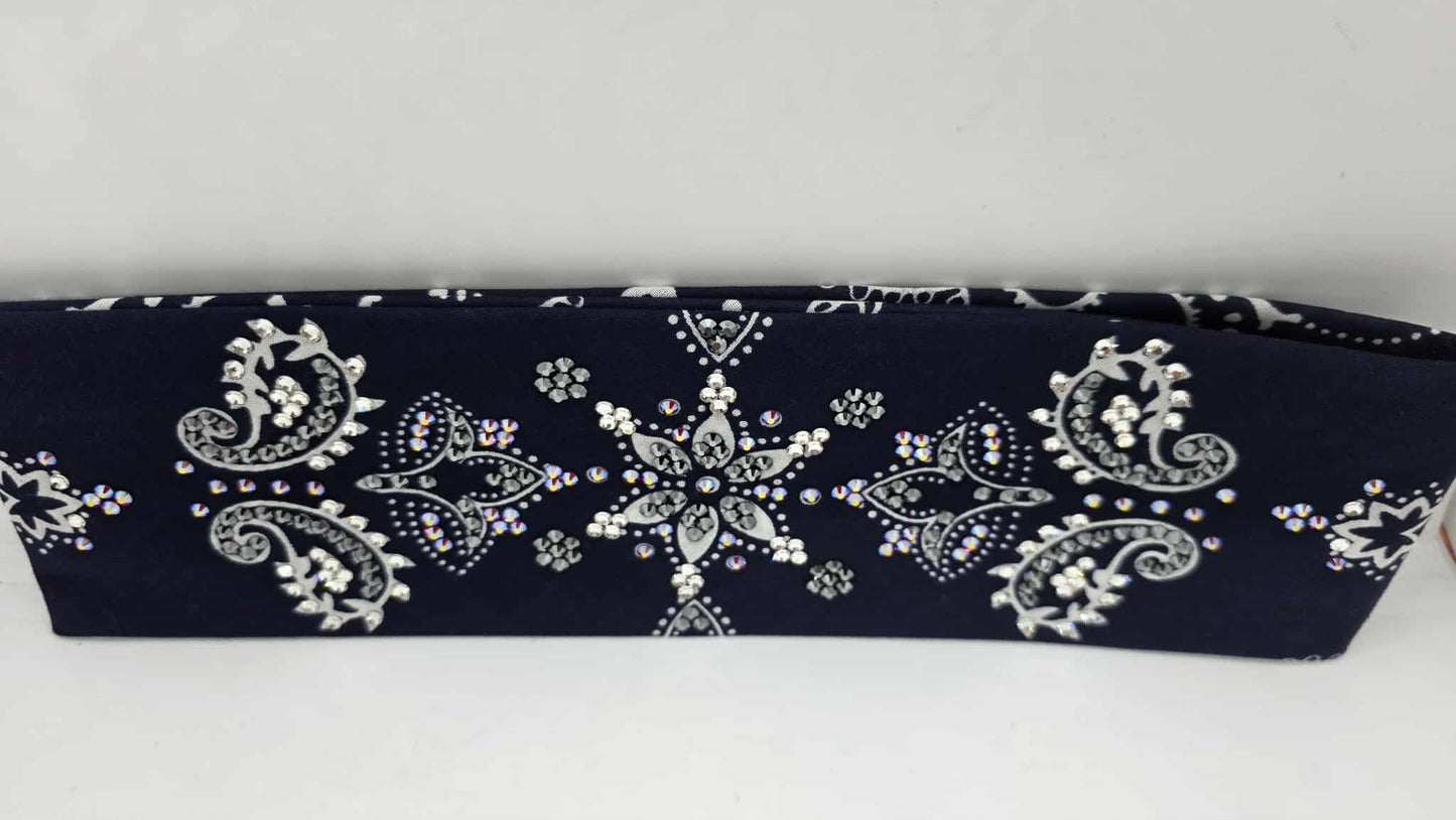 LeeAnnette Large Navy Blue Flower Bandana with Red Shimmer, Black and Diamond Clear Austrian Crystals (sku40104)