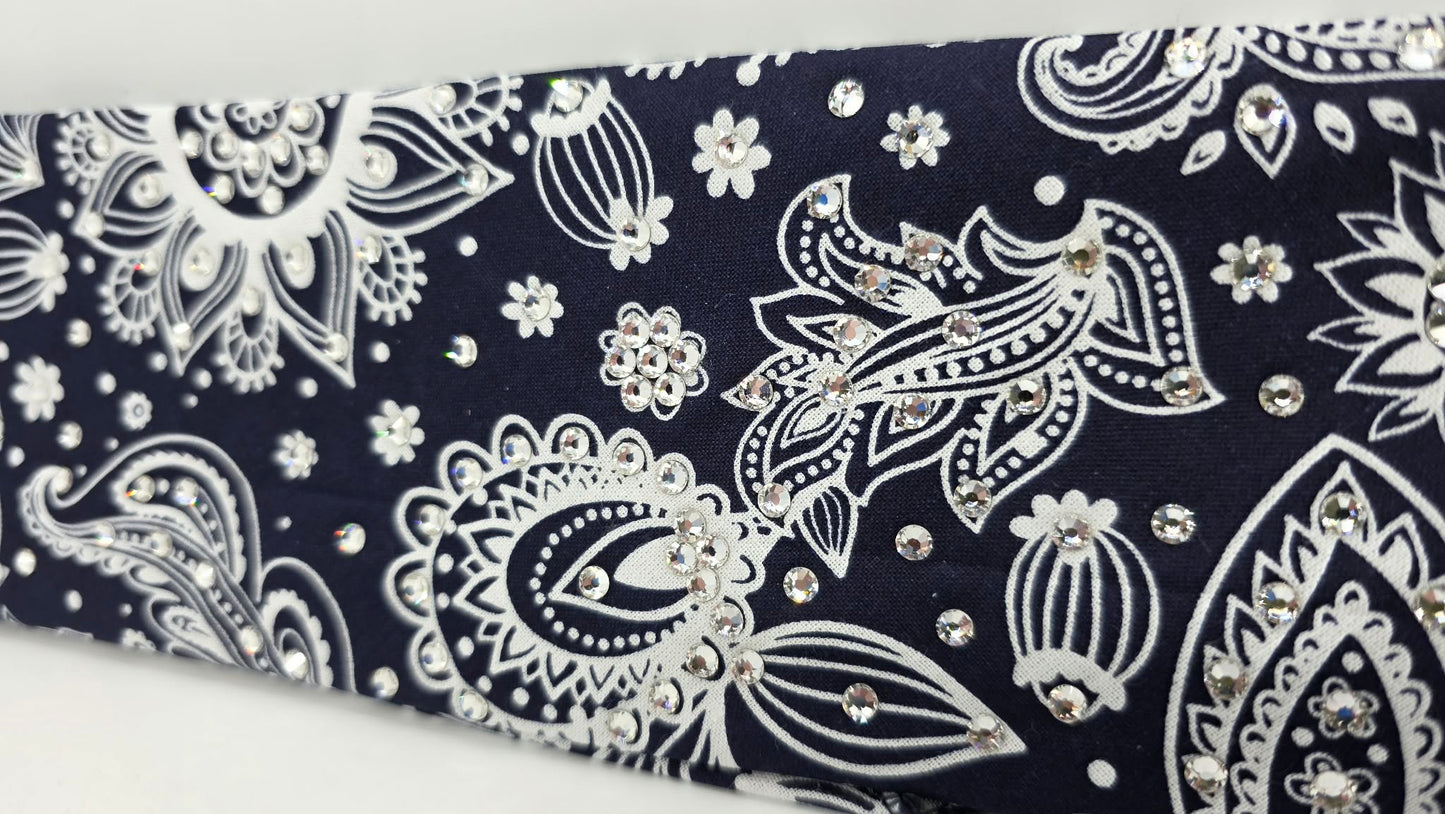 White on Navy Bandana with Diamond Clear Austrian Crystals (E60128)