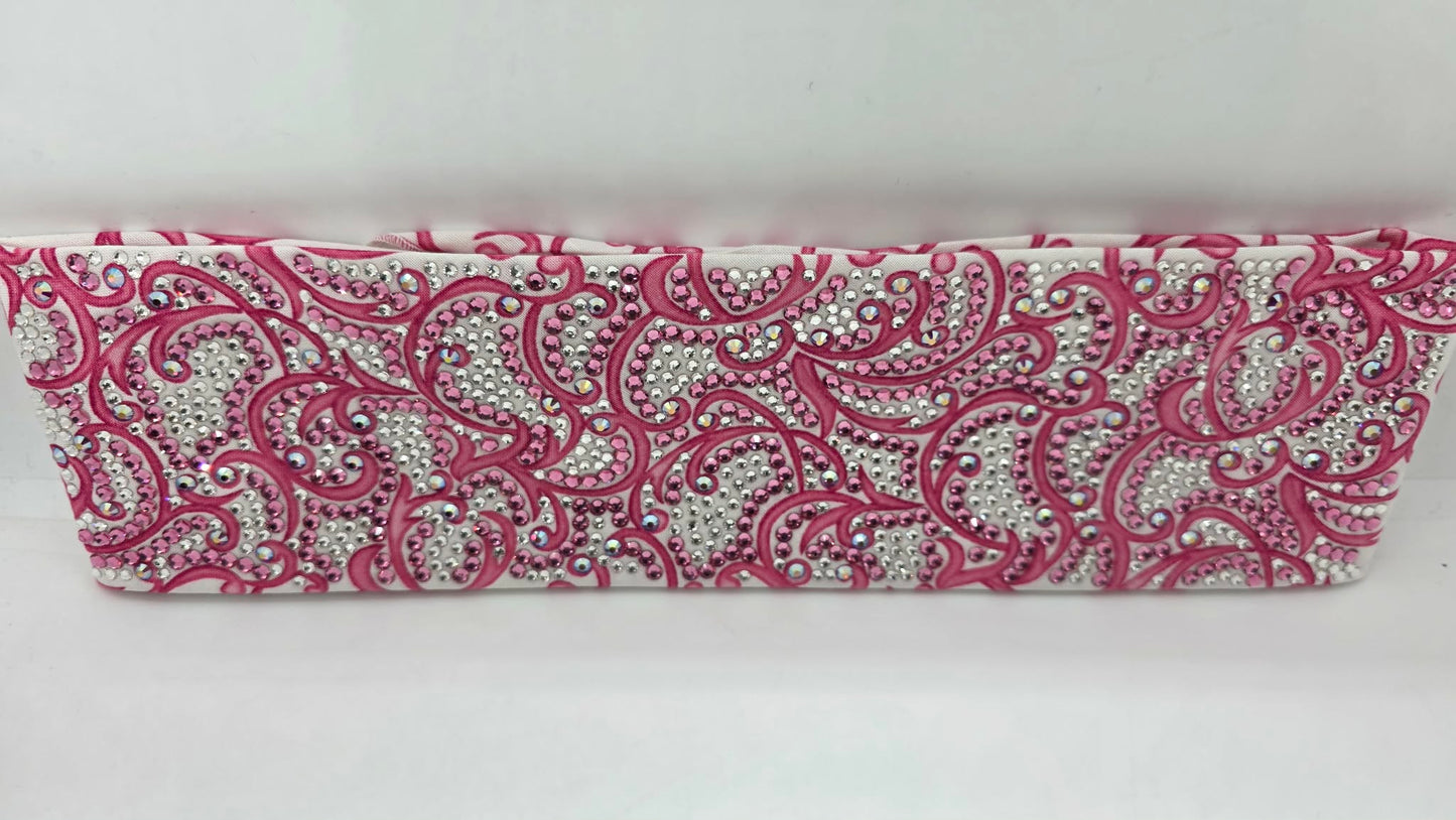 Super Duper LeeAnnette Pink Scrolls on White Bandana with Rose, Fuchsia Shimmer and Diamond Clear Austrian Crystals