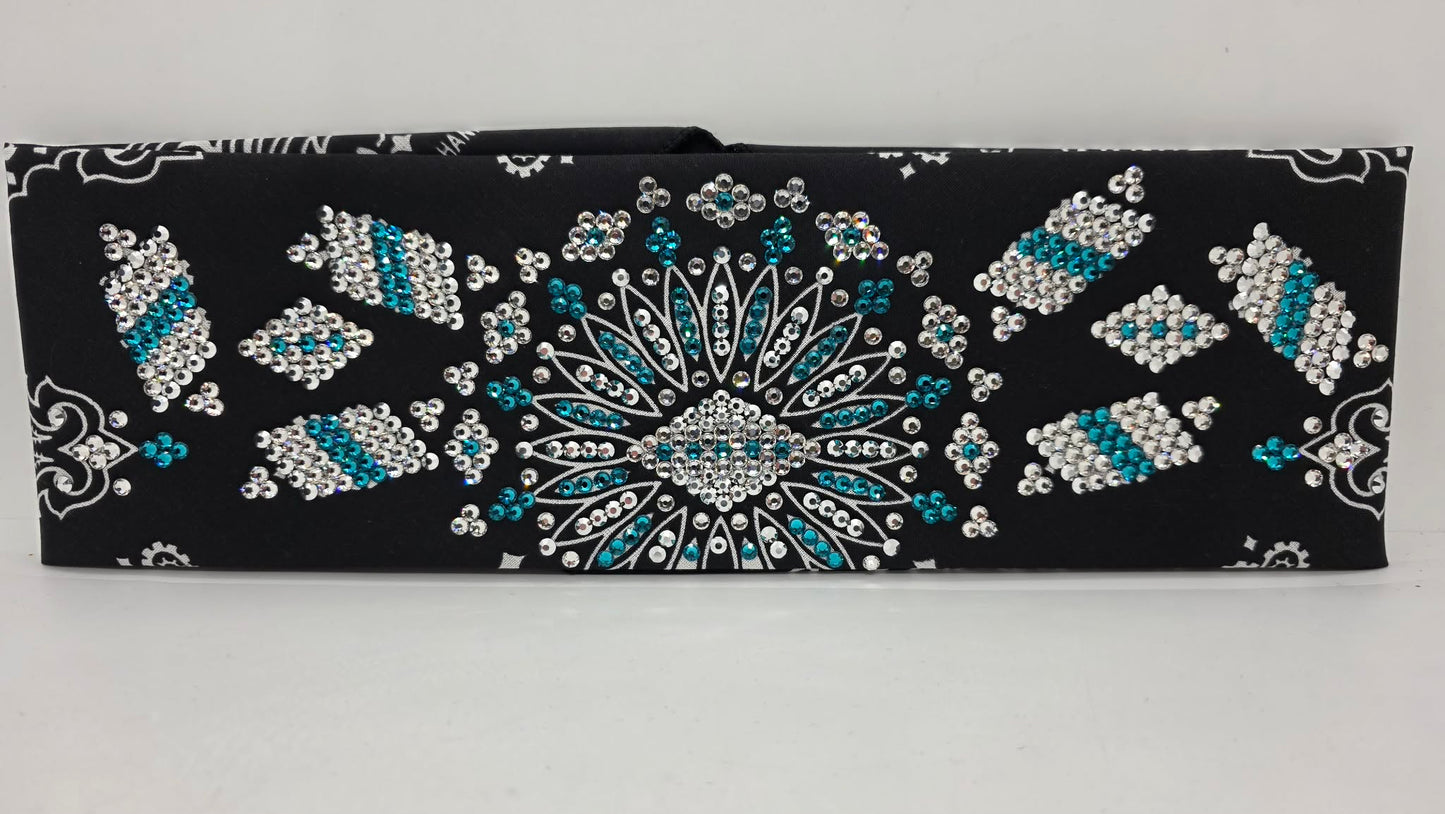 Super LeeAnnette Black Paisley Bandana with Chrome, Bright Blue and Diamond Clear Austrian Crystals (S48114)