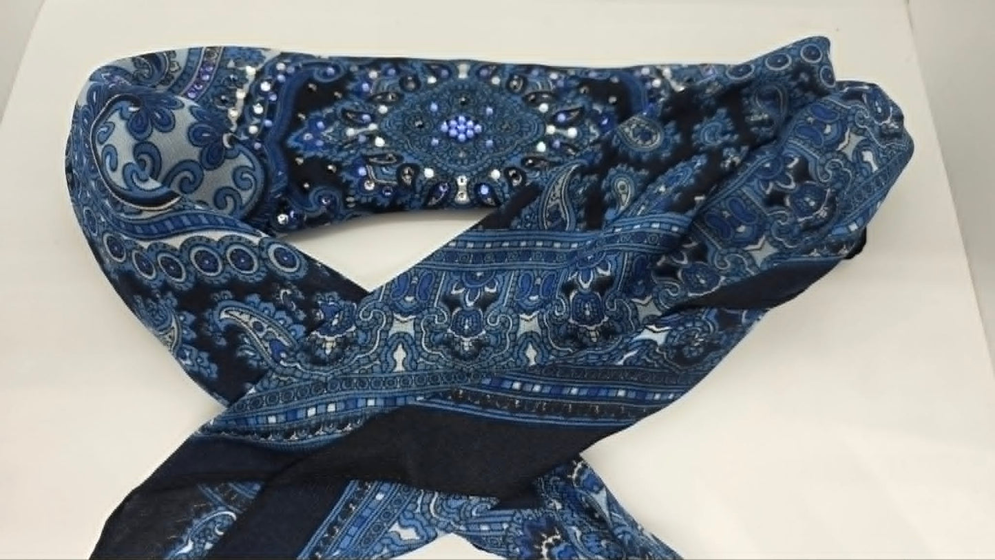 Long Blue Scarf with Blue, Black and Diamond Clear Austrian Crystals (LS30003)