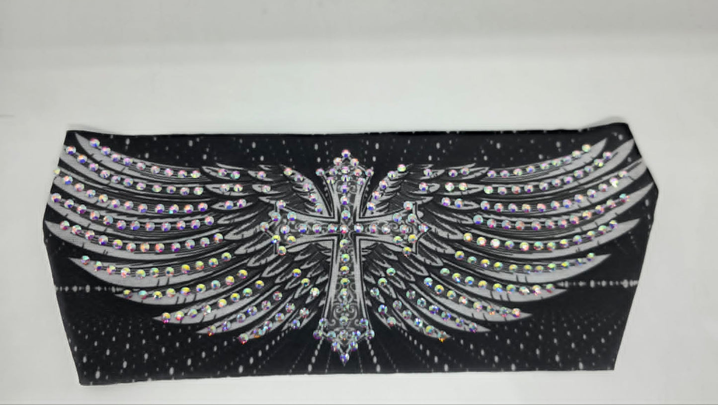 Stretchy Headband Cross and Wings on Black with Aurora Borealis Crystals (Sku5472)