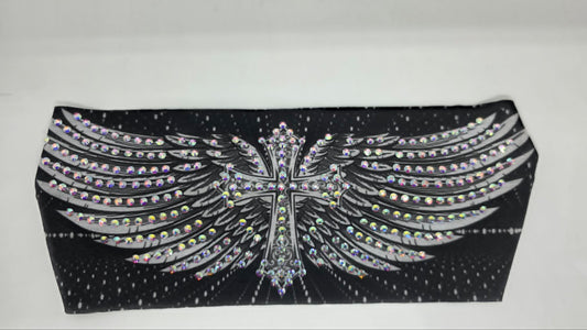 Stretchy Headband Cross and Wings on Black with Aurora Borealis Crystals (Sku5472)