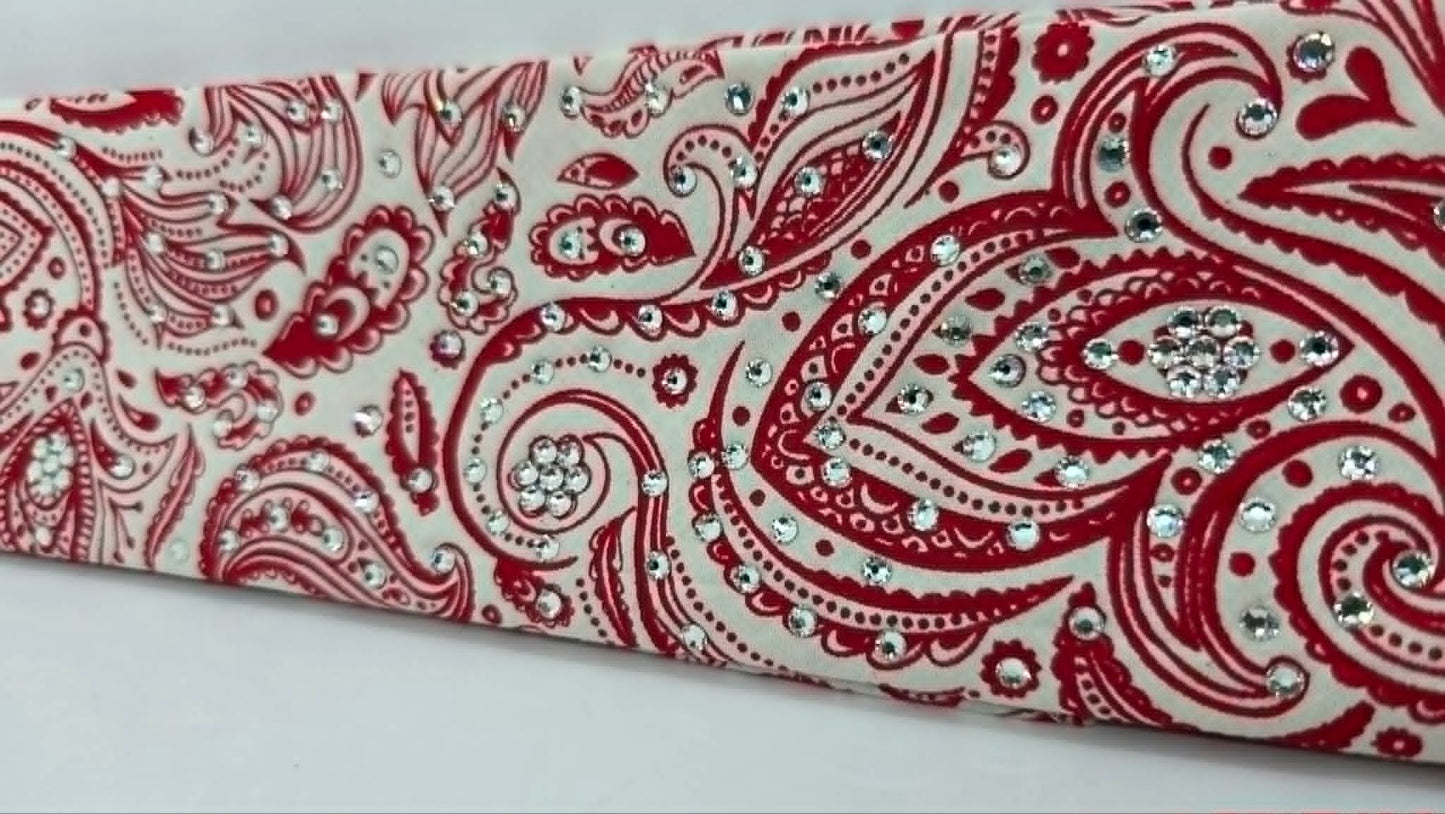 Red on Cream Bandana with Diamond Clear Austrian Crystals (E60137)