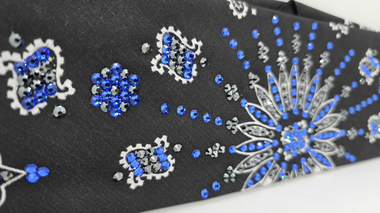 LeeAnnette Black Paisley Bandana with Blue and Black Austrian Crystals (sku40156)
