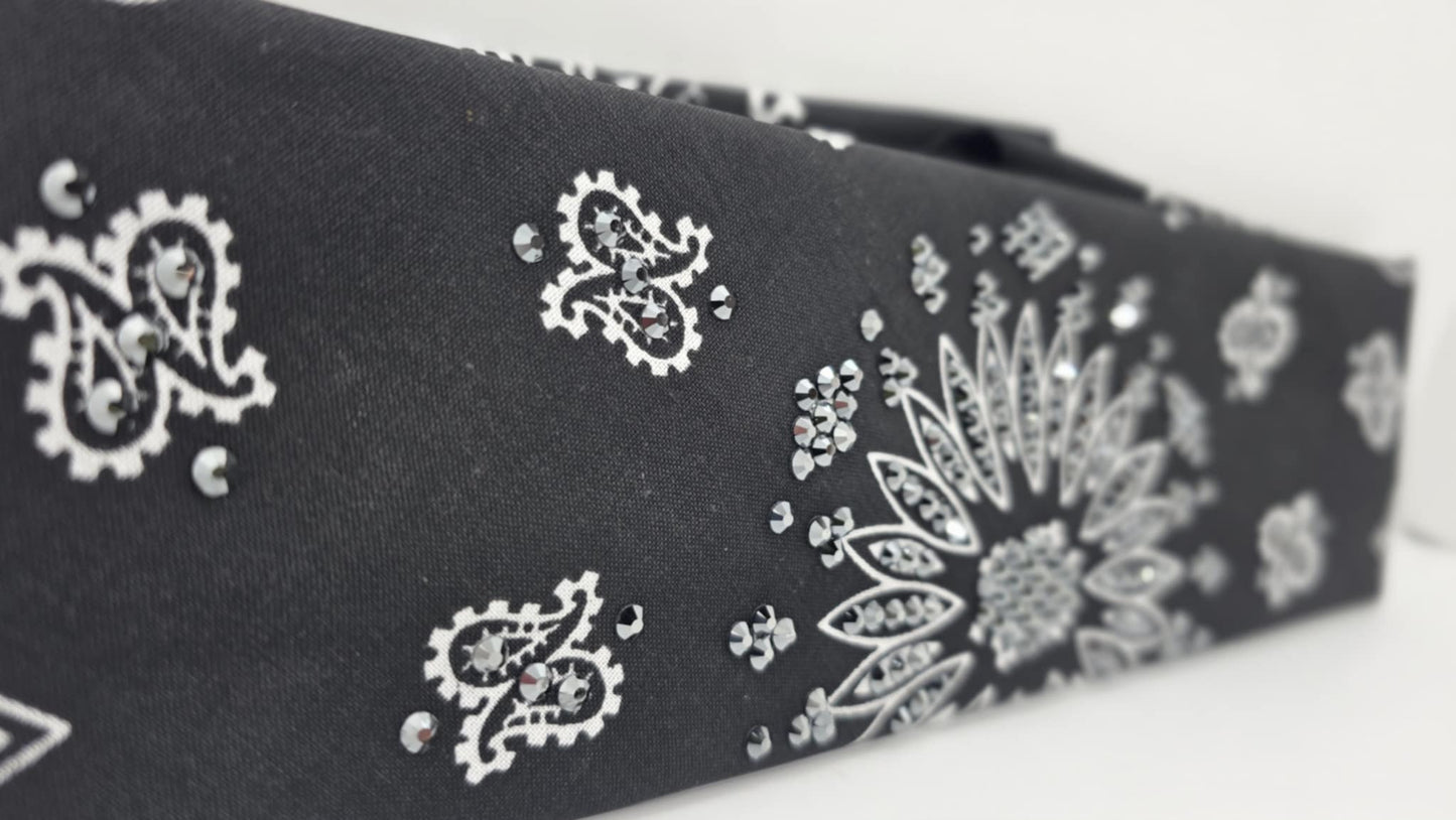 EXTRA BLING - Black Paisley Bandana with Black Austrian Crystals (sku6396)