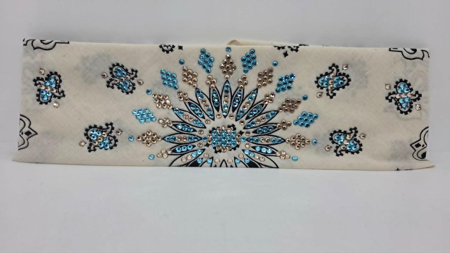 LeeAnnette Off White Paisley Bandana with Aqua and Honey Austrian Crystals (L40257)