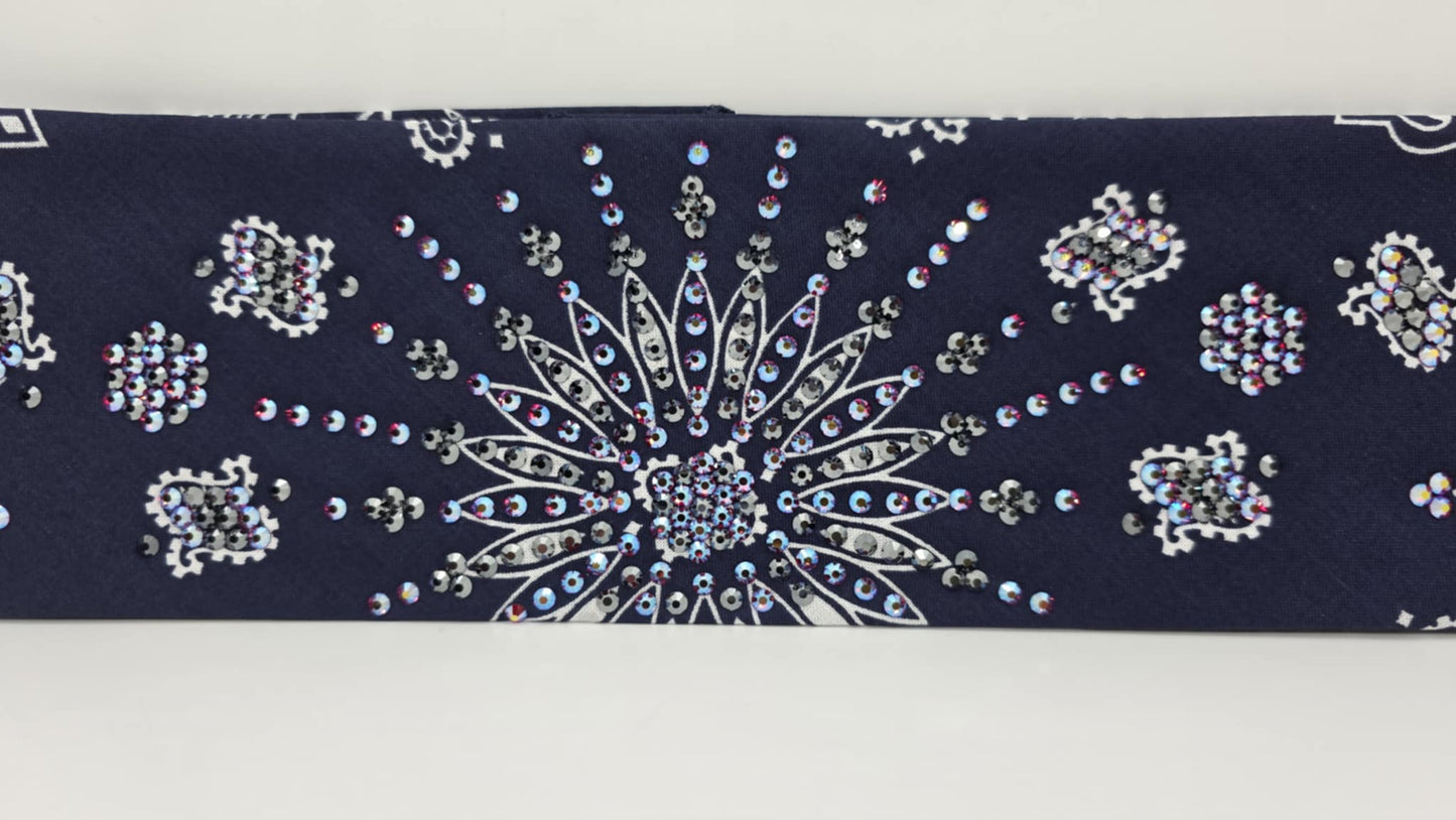 LeeAnnette Navy Paisley Bandana with Red Shimmer and Black Austrian Crystals (sku40094)
