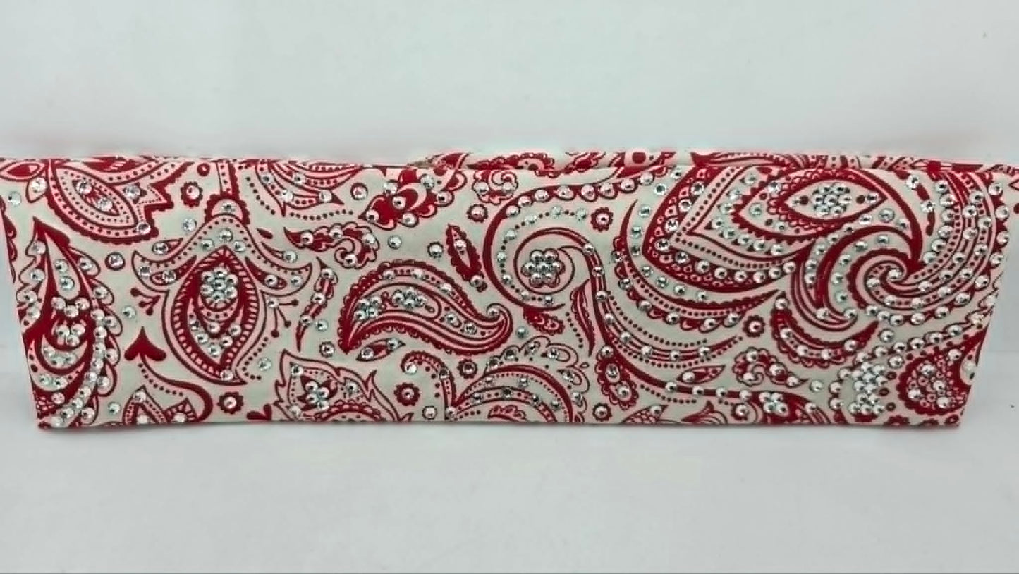 LeeAnnette Red on Cream Paisley Bandana with Diamond Clear Austrian Crystals (L40239)
