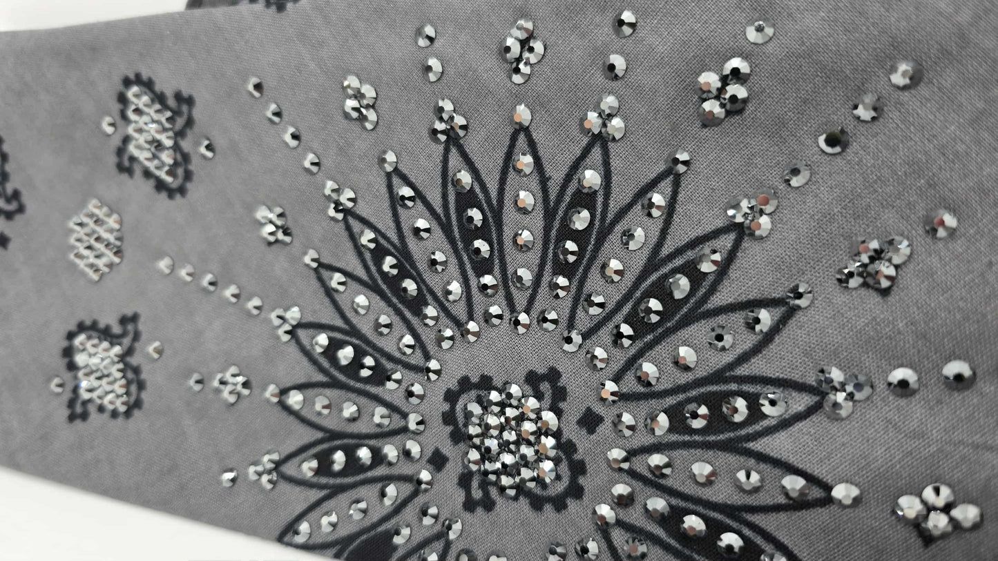 LeeAnnette Large Grey Paisley Bandana with Black Austrian Crystals (sku40113)