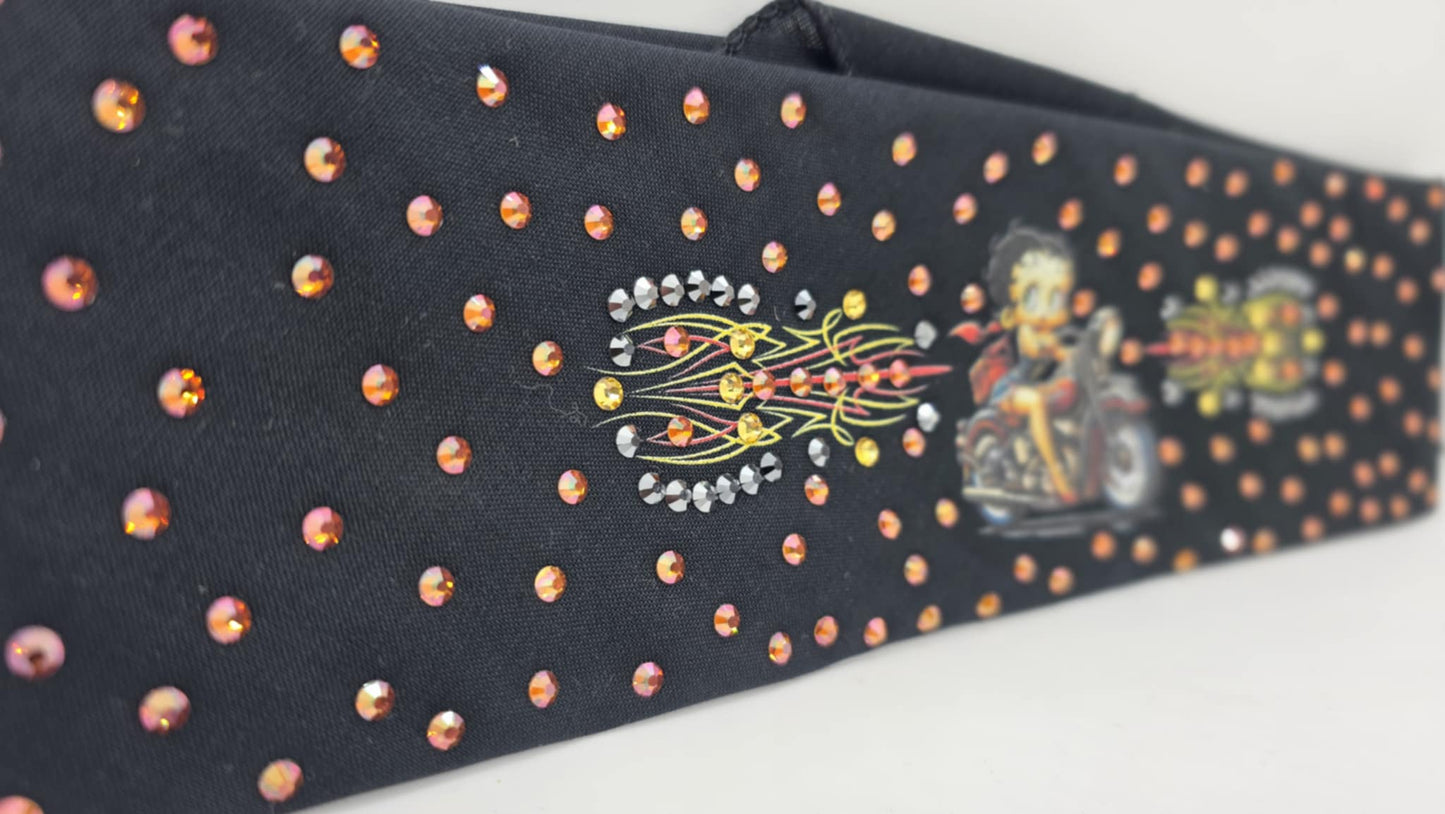 EXTRA BLING - Orange Betty Boop Bandana with Lava, Yellow and Black Austrian Crystals (sku6390)