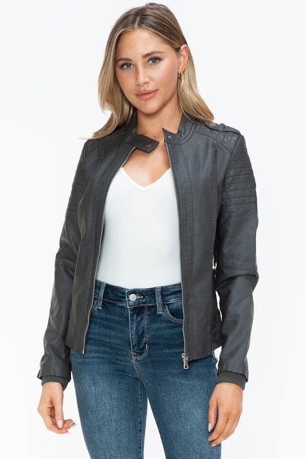 Sliming Grey Faux Leather Zip Up Mock Neck Jacket