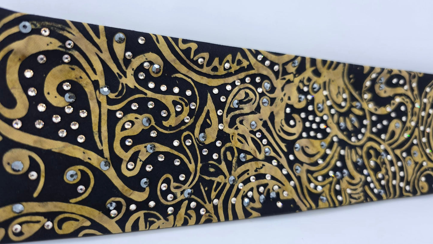 EXTRA BLING - Black and Gold Scroll Bandana with Honey and Black Austrian Crystals (E60107))