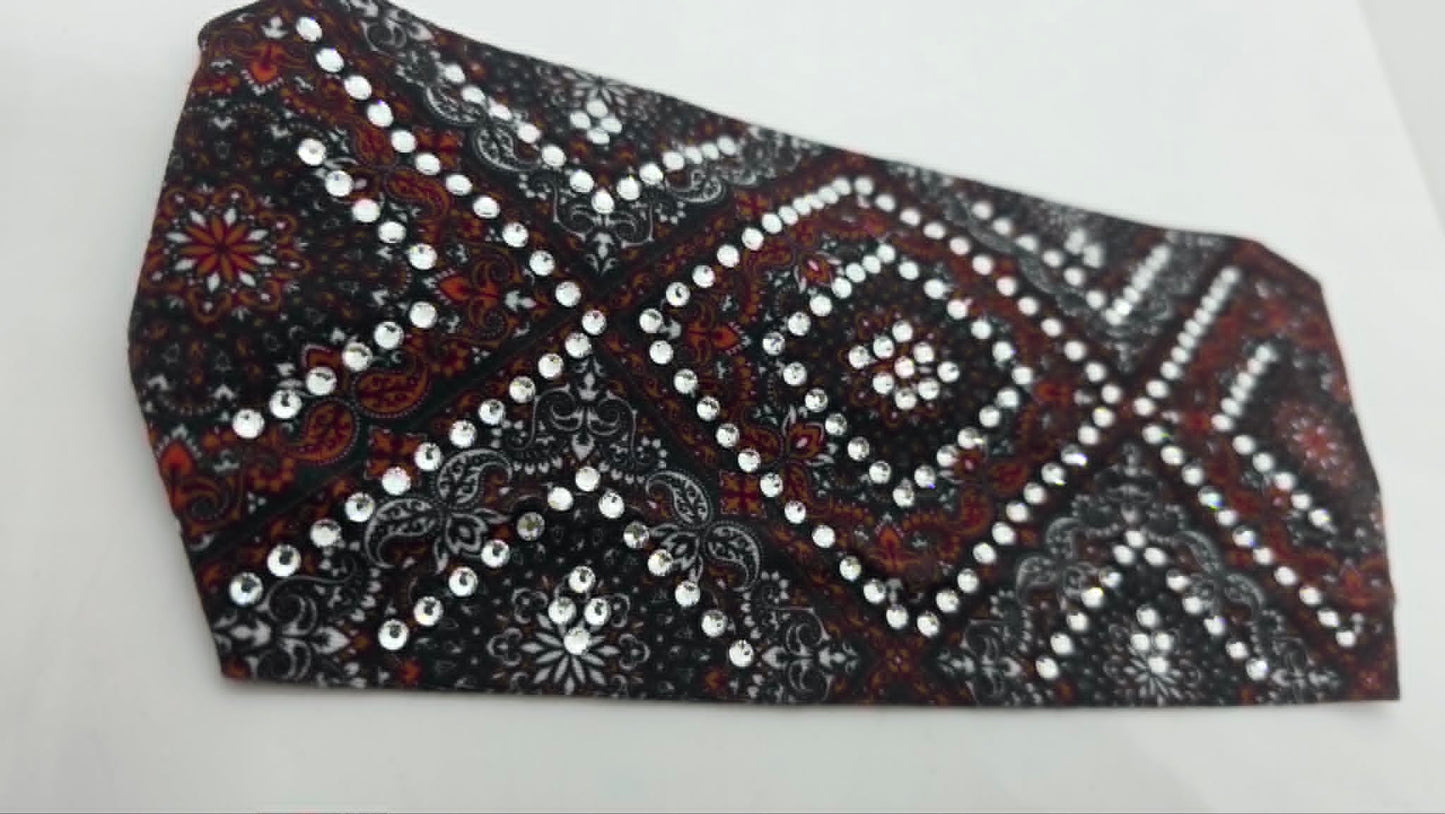 Stretchy Headband Red and Grey Paisley with Clear Crystals (Sku5479)