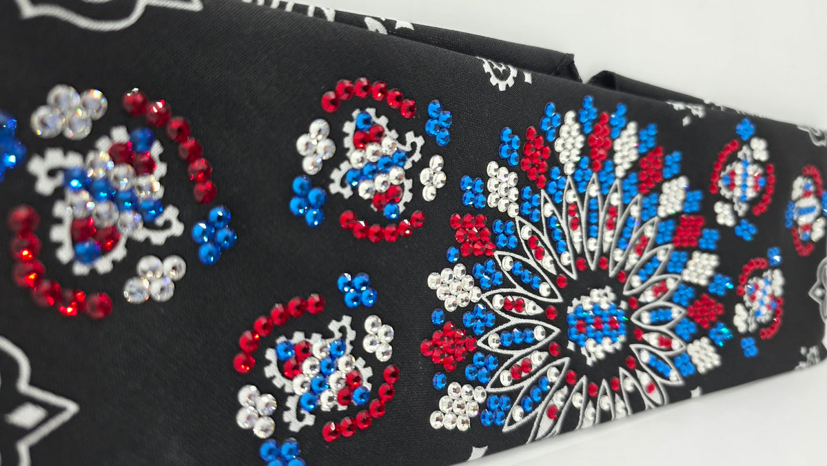 Super LeeAnnette Black Paisley Bandana with Blue, Red and Diamond Clear Austrian Crystals (S48179)