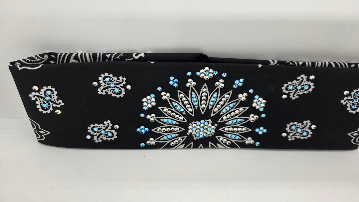 Black Paisley Bandana with Blue Shimmer and Diamond Clear Austrian Crystals (E60169)