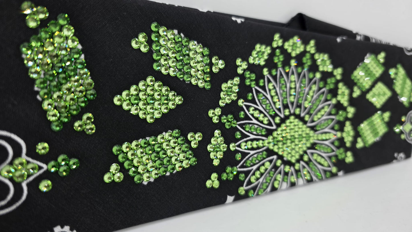 Super LeeAnnette Black Paisley Bandana with Light and Dark Green Austrian Crystals (S480102)