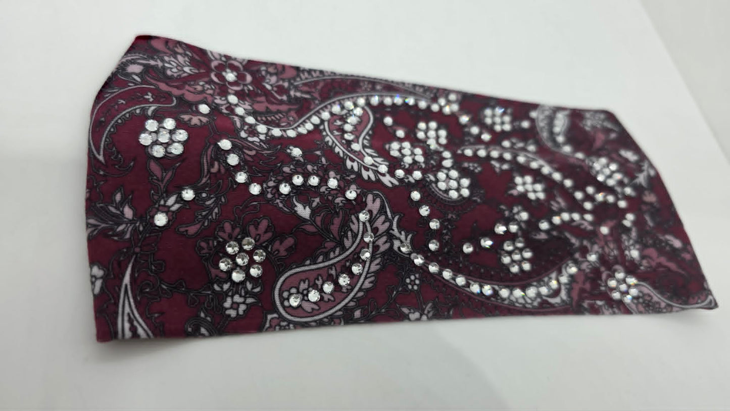 Stretchy Headband Wine Paisley with Clear Crystals (Sku5477)