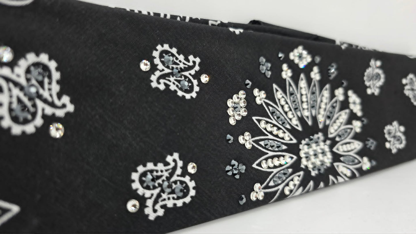 Black Paisley Bandana with Black and Diamond Clear Austrian Crystals (E60139)