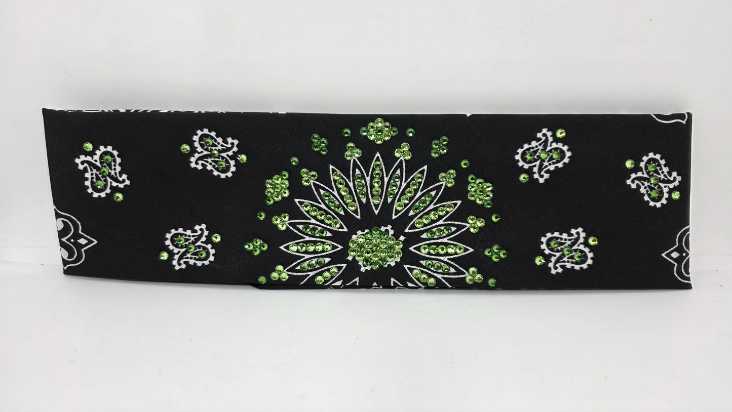 Black Paisley Bandana with Light and Dark Green Austrian Crystals (E60103)