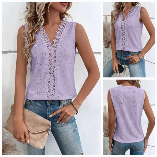 Light Purple Sleeveless V neck Jacquard Eyelet Top