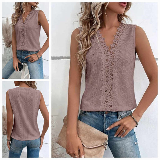 Rose/Brown Sleeveless V neck Jacquard Eyelet Top